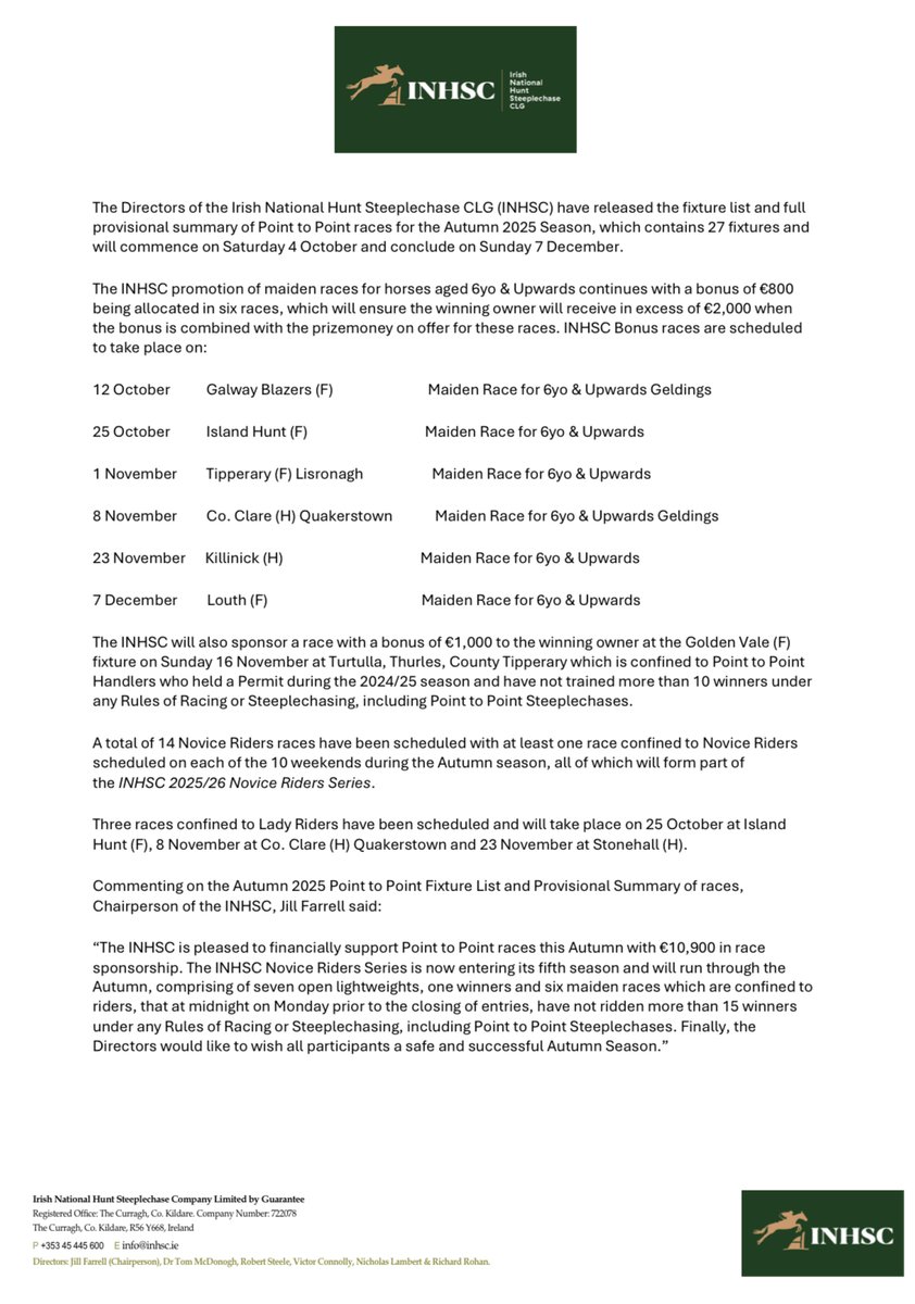 Irish National Hunt Steeplechase CLG (@theinhsc) on Twitter photo The Directors of <a href="/TheINHSC/">Irish National Hunt Steeplechase CLG</a> have released the fixture list & provisional summary of Point to Point races for the Autumn 2025 season
๐
Starting on 4 October
๐ 27 fixtures
๐ 15 different counties
๐ <a href="/TheINHSC/">Irish National Hunt Steeplechase CLG</a> bonus races
๐ Full provisional summary here - tinyurl.com/66pj8erm The Directors of <a href="/TheINHSC/">Irish National Hunt Steeplechase CLG</a> have released the fixture list & provisional summary of Point to Point races for the Autumn 2025 season
๐
Starting on 4 October
๐ 27 fixtures
๐ 15 different counties
๐ <a href="/TheINHSC/">Irish National Hunt Steeplechase CLG</a> bonus races
๐ Full provisional summary here - tinyurl.com/66pj8erm