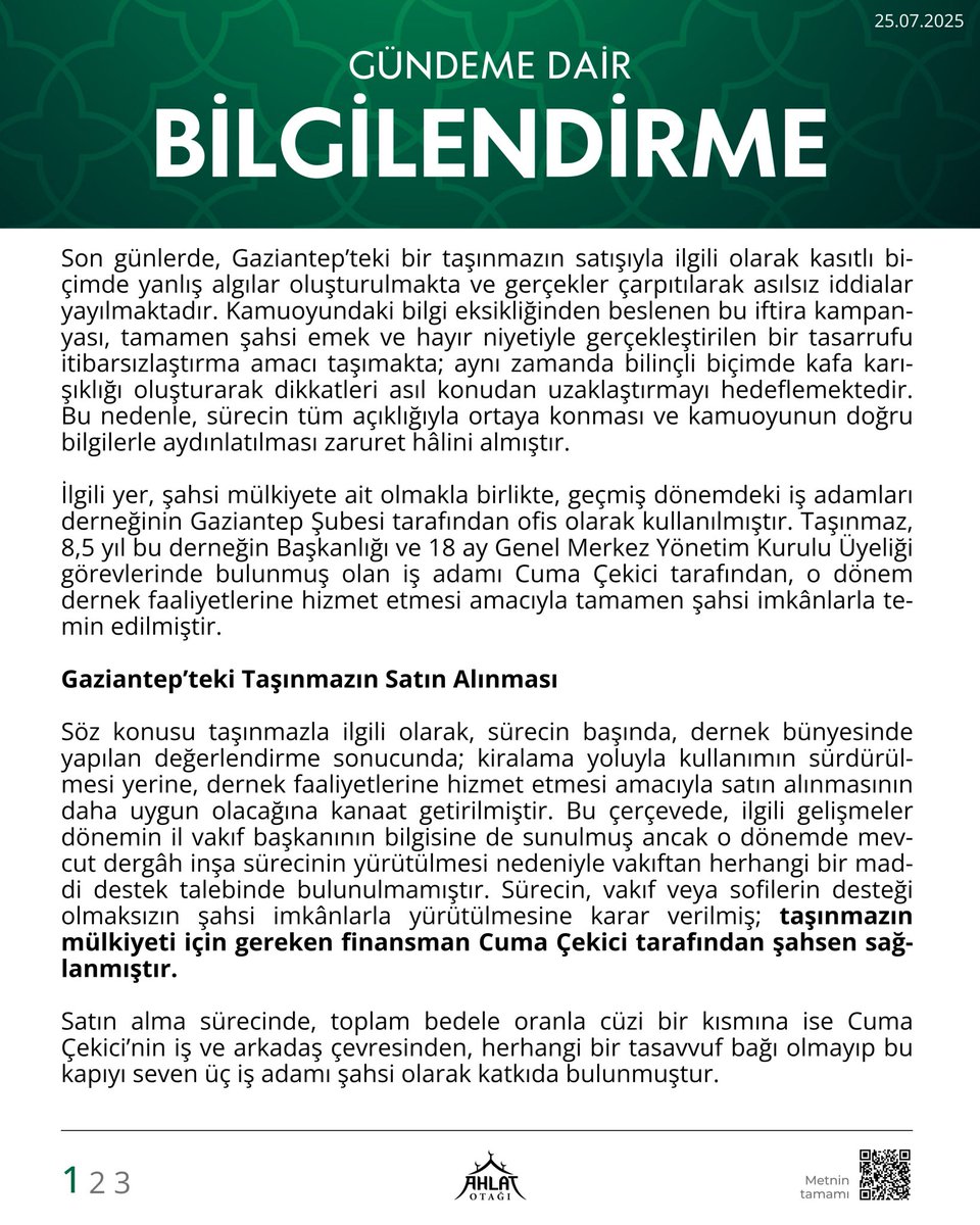 Yalan 2: "Bahsi geçen taşınmazın anlattığınız üzere dernek kullanımına sunulması ama şahıs tarafından alınması" 

Bunun o derneğe ve bağlı olduğu vakıfa hibe edildiğinin kanıtıdır. Haliyle bu taşınmaz vakıf olmuştur ve tüm ümmetin o taşınmaz üzerinde hakkı vardır. Orada bugüne