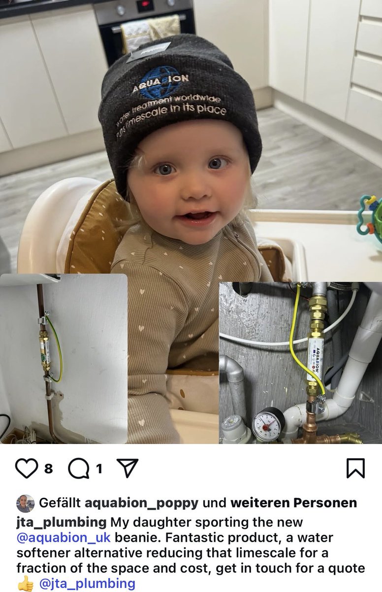 Start them young 💧💧
#AQUABION is a product for young and innovative thinking plumbers - house owners and commercial property managers who want to treat water💧with respect!
@jta_plumbing.  “My daughter sporting the new @aquabion_uk beanie. Fantastic product, a water softener