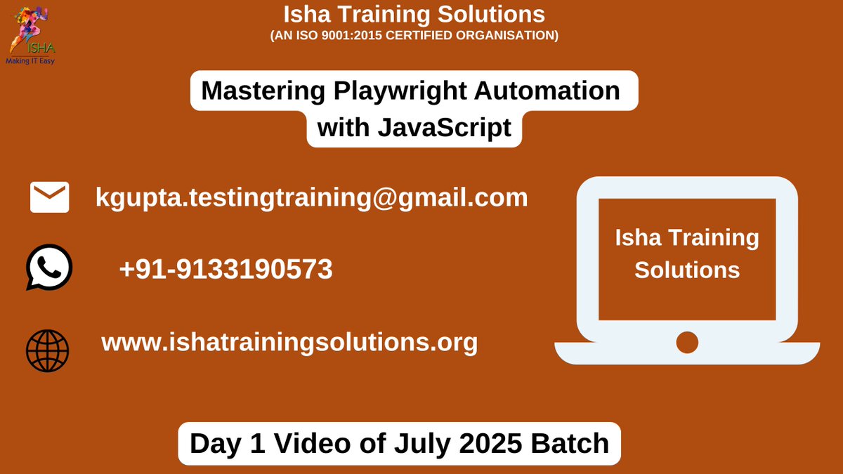 IshaKumargupta's tweet image. “Mastering Playwright Automation with JavaScript”-Day 1 Video
youtu.be/OInxdREh5lw
Enrollments are still in progress
Regular sessions will start from:
28th July @ 9 PM(IST)/28th July @ 11:30 AM(EST)
Price:6,900 INR/89 USD
Call/WhatsApp:9133190573
#PlaywrightJS #PlaywrightTest