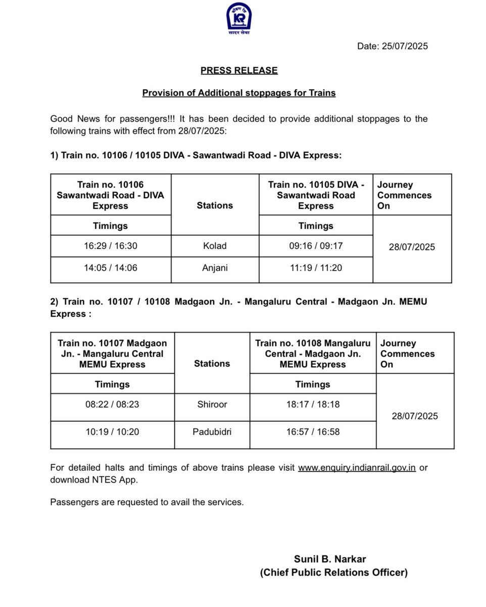 Provision of Additional stoppages for Trains
