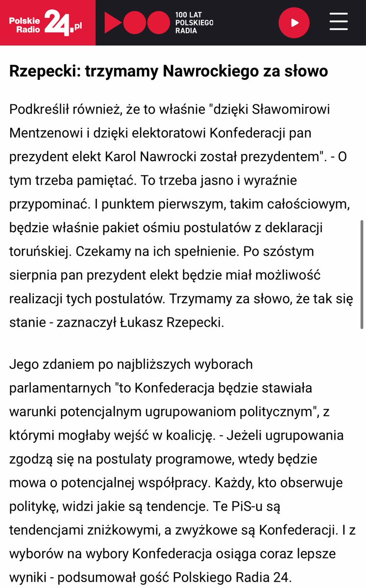 RzepeckiLuki's tweet image. Wczoraj w @PR24_pl rozmawialiśmy o deklaracji zaproponowanej przez @OficjalnyJK gdzie wyraziłem swój pogląd na nią i przypomniałem że dla @SlawomirMentzen najważniejszą sprawą jest spełnienie zobowiązań przez Prezydenta Elekta @NawrockiKn z „deklaracji toruńskiej”. 👇…