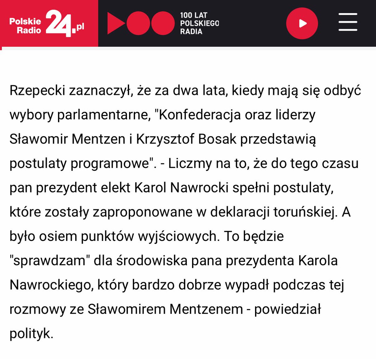 RzepeckiLuki's tweet image. Wczoraj w @PR24_pl rozmawialiśmy o deklaracji zaproponowanej przez @OficjalnyJK gdzie wyraziłem swój pogląd na nią i przypomniałem że dla @SlawomirMentzen najważniejszą sprawą jest spełnienie zobowiązań przez Prezydenta Elekta @NawrockiKn z „deklaracji toruńskiej”. 👇…