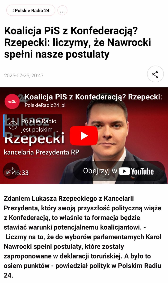 RzepeckiLuki's tweet image. Wczoraj w @PR24_pl rozmawialiśmy o deklaracji zaproponowanej przez @OficjalnyJK gdzie wyraziłem swój pogląd na nią i przypomniałem że dla @SlawomirMentzen najważniejszą sprawą jest spełnienie zobowiązań przez Prezydenta Elekta @NawrockiKn z „deklaracji toruńskiej”. 👇…