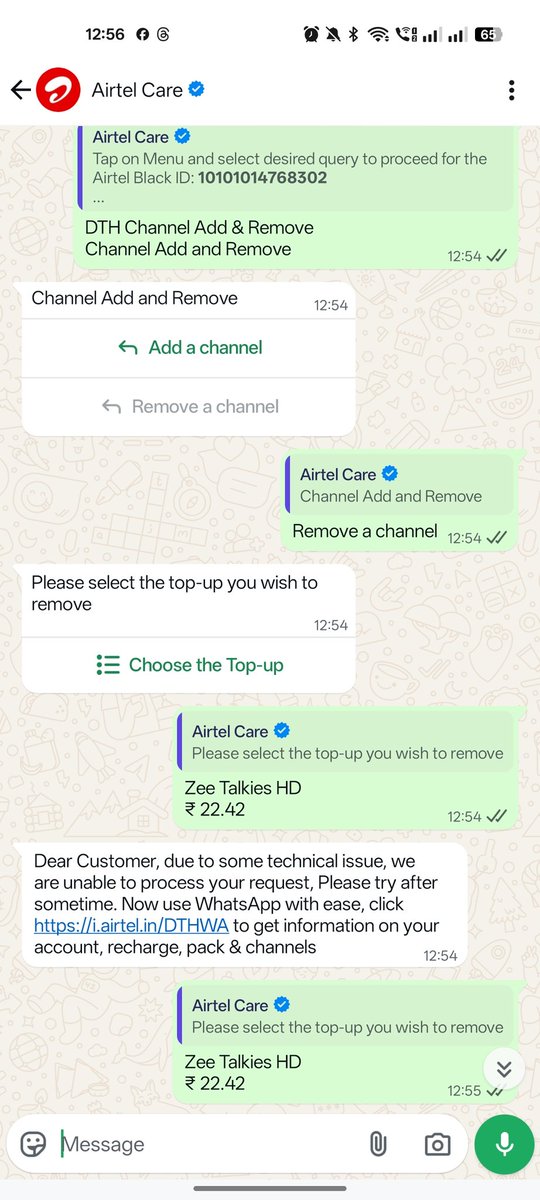 imnavaj's tweet photo. @airtelindia @Airtel_Presence what nonsense is this. When I add the channel through your app or WhatsApp it works. But when I try to remove the channel it gives error. Remove the channel now. https://t.co/5TOjzLBwTk