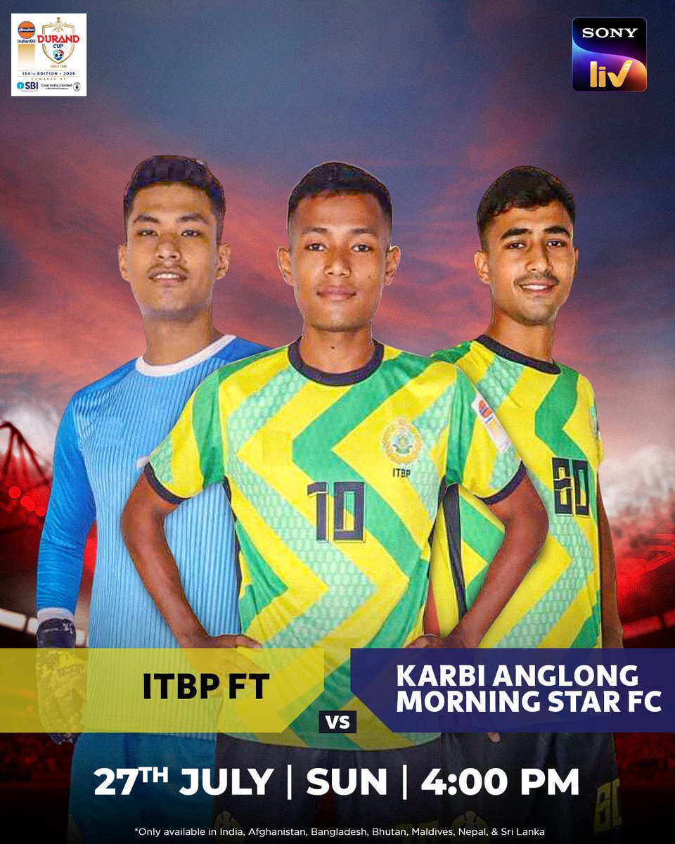 SonyLIV's tweet image. The mountain guardians meet the Blue Giants from Assam 🌄
Watch ITBP FT 🆚 Karbi Anglong Morning Star FC in #DurandCup2025 - LIVE on #SonyLIV 📲
#134thEditionofIndianOilDurandCup