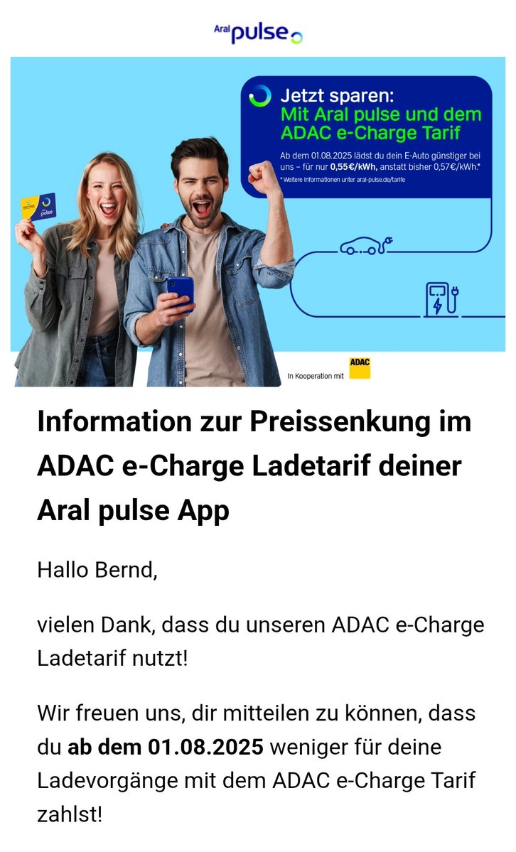 BK_TeslaMobil's tweet image. Als Aral Pulse Kunde und ADAC Mitglied kann man ab dem 01.August 2 Cent etwas günstiger, jetzt für 0,55€ pro kWh laden.🤗