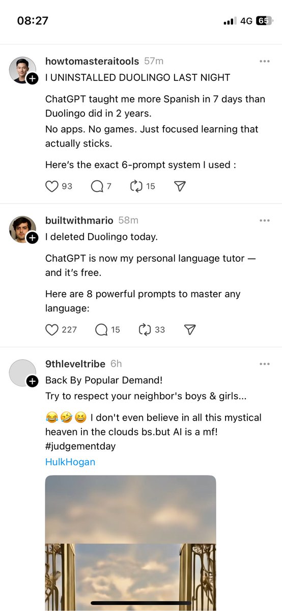 Chat GPT have bots telling people to delete duo lingo in favour of learning new languages on their app