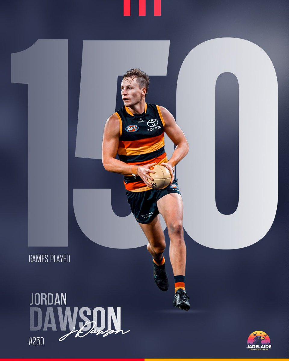 JADelaideX's tweet image. Jordan Dawson (#250) will play game 150.

◎ 2015 N. Draft, Pick #56 | Sydney
◎ 2021 🔄 Crows for 2022, 1st Rd Pick 😈 

#Showdown58 #MadeFromSA