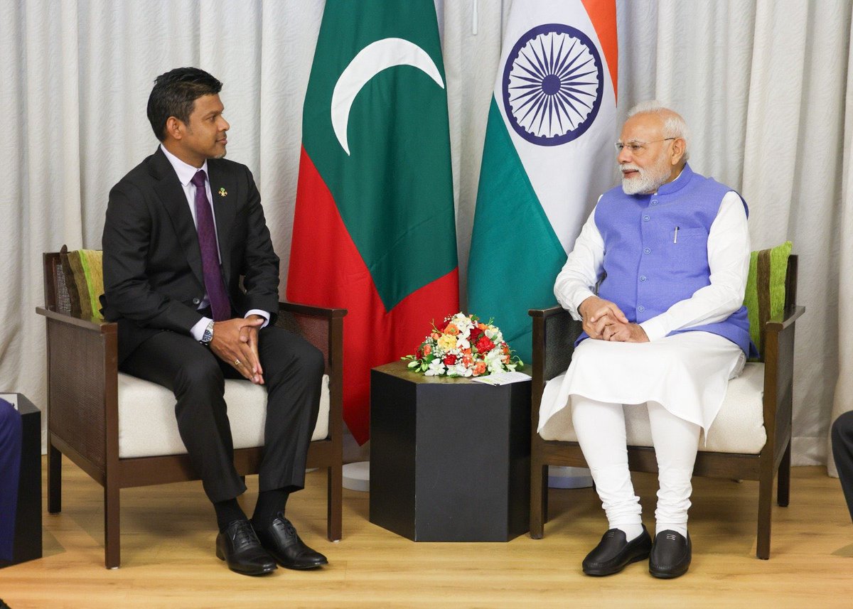 Randhir Jaiswal (@meaindia) on Twitter photo PM <a href="/narendramodi/">Narendra Modi</a> met Vice President <a href="/HucenSembe/">Hussain Mohamed Latheef</a> of Maldives in Male.
PM conveyed wishes on the 60th anniversary of Independence Day of Maldives. Both sides exchanged views on the deep rooted & special ๐ฎ๐ณ-๐ฒ๐ป relationship. VP Latheef thanked PM for ๐ฎ๐ณโs continued assistance to PM <a href="/narendramodi/">Narendra Modi</a> met Vice President <a href="/HucenSembe/">Hussain Mohamed Latheef</a> of Maldives in Male.
PM conveyed wishes on the 60th anniversary of Independence Day of Maldives. Both sides exchanged views on the deep rooted & special ๐ฎ๐ณ-๐ฒ๐ป relationship. VP Latheef thanked PM for ๐ฎ๐ณโs continued assistance to