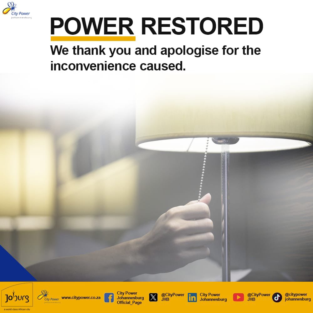 CityPowerJhb's tweet image. Inner City SDC Outage
Cleveland Substation (Fairview/Troyeville Distributor): The power supply has been fully restored to customers in Fairview, Jeppestown, Jeppestown South, Malvern, Troyeville, and surrounding areas. The cause of the outage was Overload.
We thank you for…