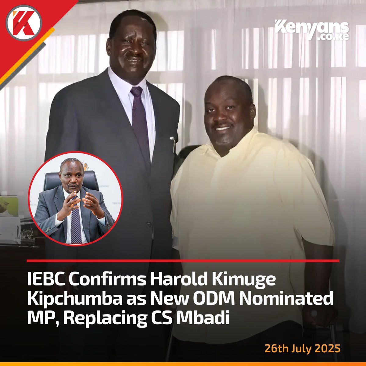 IEBC confirms Harold Kimuge Kipchumba as new ODM Nominated MP, replacing CS Mbadi