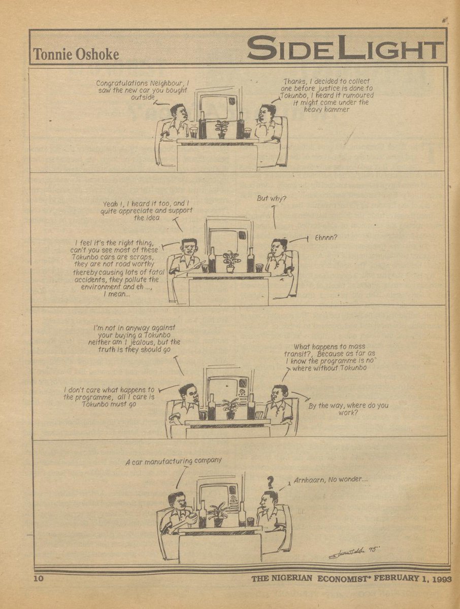 StartArchiving's tweet image. All man for himself
A lighthearted take on the 'Tokunbo' car debate from 1993
Source: The Nigerian Economist