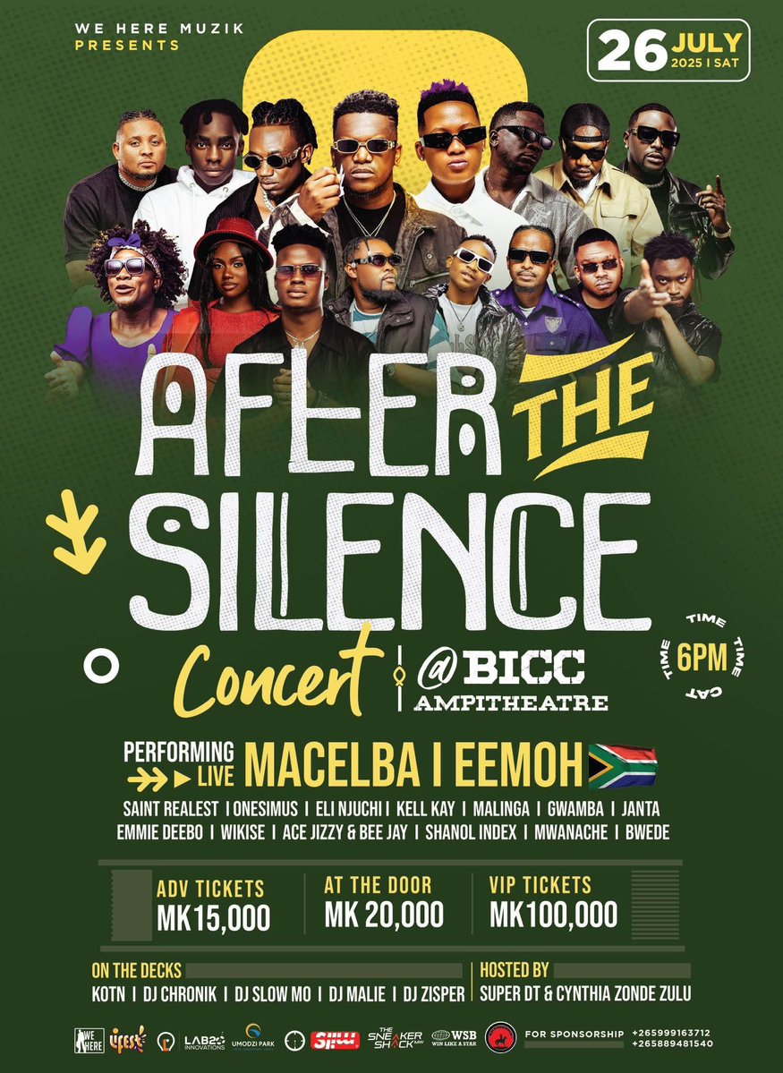 slicemagazine's tweet image. All set for Macelba’s “After the Silence” show at BICC tonight! 🇲🇼🇿🇦 SA’s Eemoh joins a stacked lineup of Malawian stars.