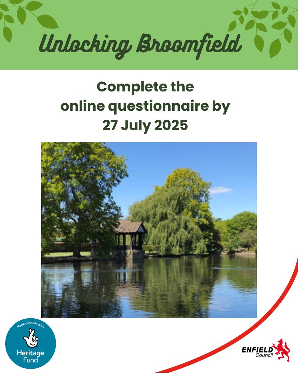 EnfieldCouncil's tweet image. Unlocking Broomfield
Share any ideas you have for the project by completing the Unlocking Broomfield Park consultation questionnaire
orlo.uk/pr9vq
#EnfieldCouncil
#EnjoyEnfield
#UnlockingBroomfield
#HeritageFund
@HeritageFundUK