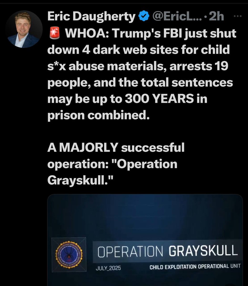 michaelwicca2's tweet image. WHOA: Trumps FBI heeft zojuist vier dark web-sites met kindermisbruikmateriaal gesloten, 19 mensen gearresteerd en de totale straffen kunnen oplopen tot 300 jaar gevangenisstraf.
Een enorm succesvolle operatie:
