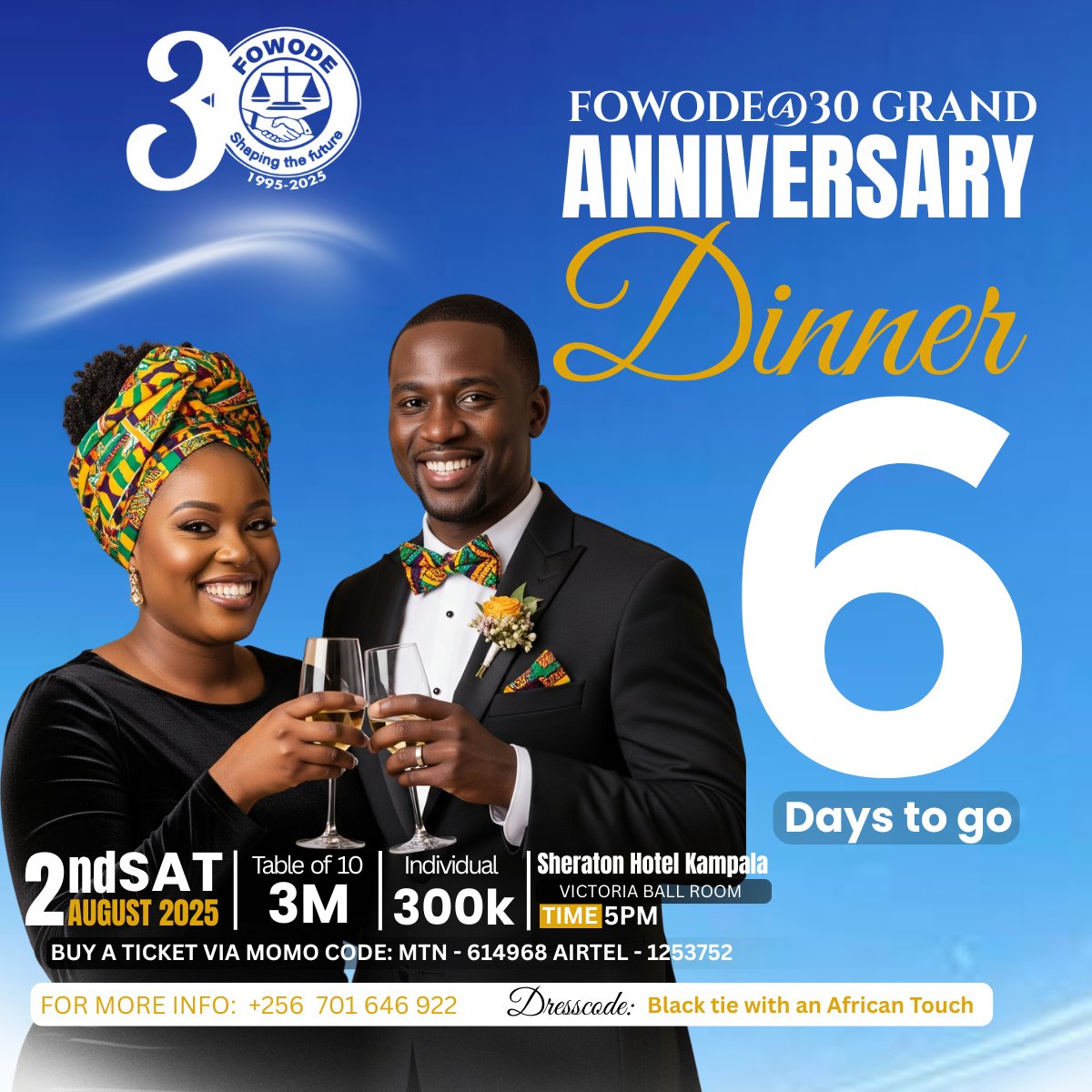 FOWODE_UGANDA's tweet image. The countdown is on ~ just 6 days to go!
Join us for an unforgettable evening at FOWODE’s Anniversary Dinner as we celebrate 30 years of driving change. Expect a distinguished atmosphere, exclusive experiences, and thrilling performances.
Be part of this landmark occasion as we…