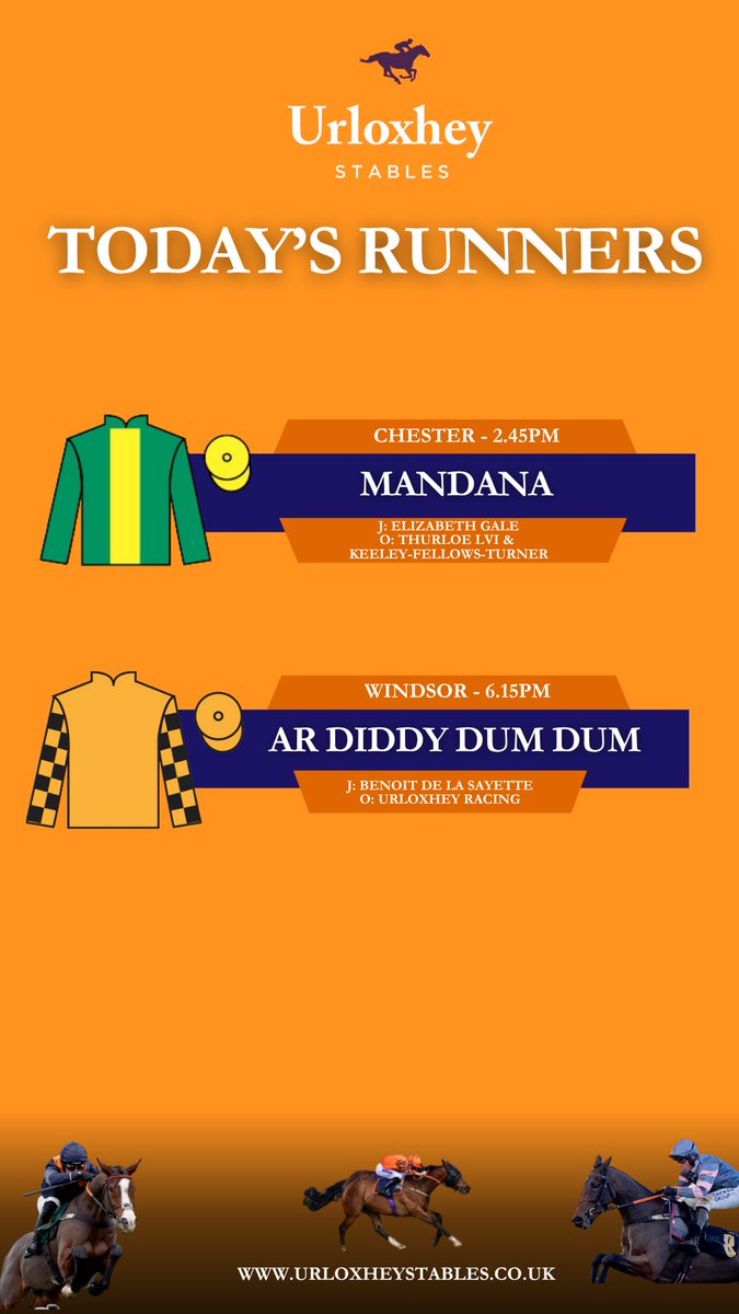 UrloxheyStables's tweet image. 2οΈβ£ runners today on the flat
π’π‘ MANDANA runs in the 2.45pm @ChesterRaces. @elizabeth_gale9 on board for owners @ThurloeThbreds & Keeley-Fellows-Turner.
π β«οΈ Then we have AR DIDDY DUM DUM in the 6.15pm @WindsorRaces. Benoit De La Sayette rides for owners Urloxhey Racing.