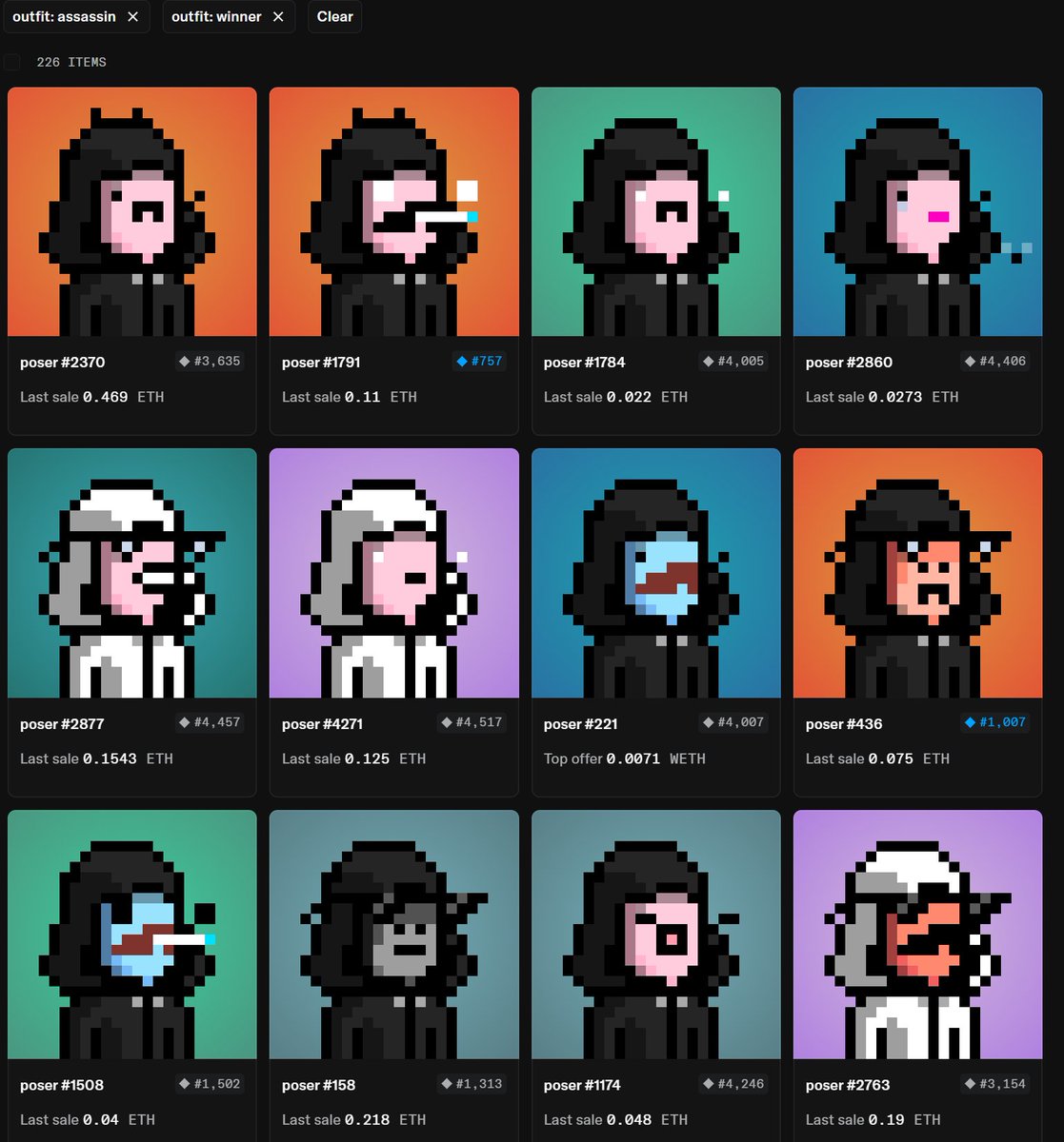 PoSers_NFT's tweet image. It&apos;s crazy none of the black hoodie &quot;winner&quot; or white hoodie &quot;assassins&quot; are even listed at Posers today, and they&apos;re not the rarest outfit trait. It is hard to find a listed rare Poser these days.