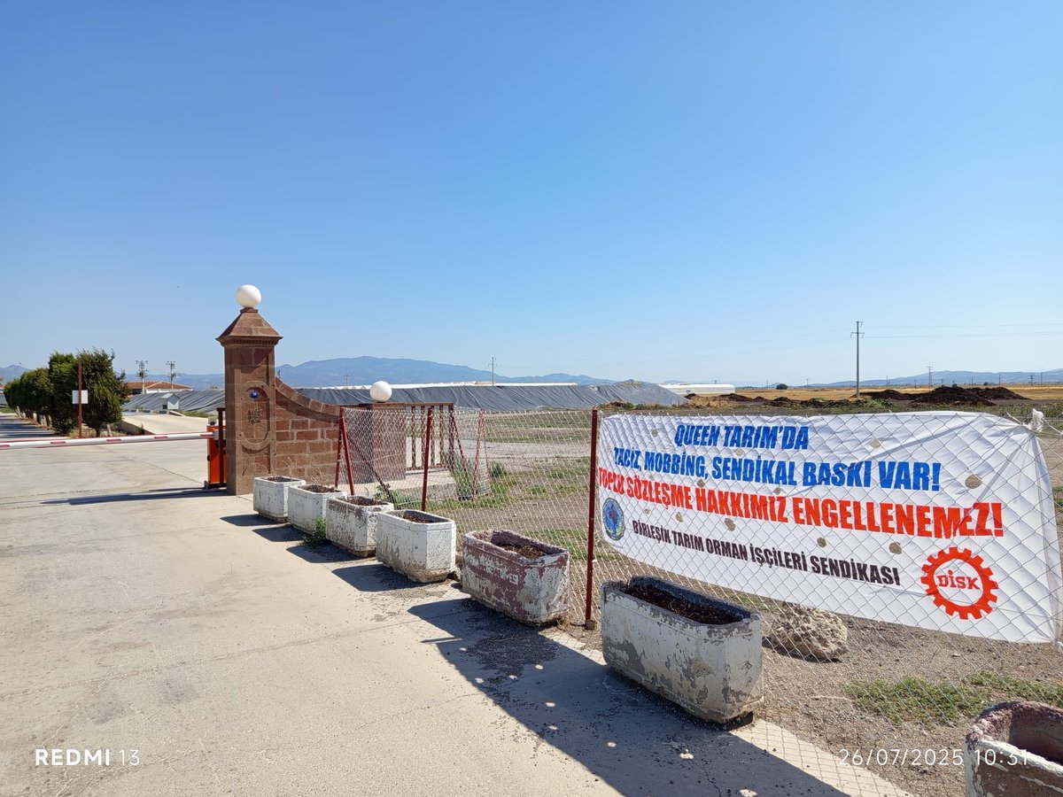 📍İzmir | Dikili | Queen Tarım
Bugün direnişimizin 24. günü.
24 gündür bu kapıdayız; sıcağa, baskıya, tehdide rağmen buradayız.

Çünkü bu sadece bir iş değil, emeğimizin onurudur.
Geri adım yok.
İşimizi geri alana, sendika hakkımız tanınana kadar buradayız.

Birleşen işçiler asla