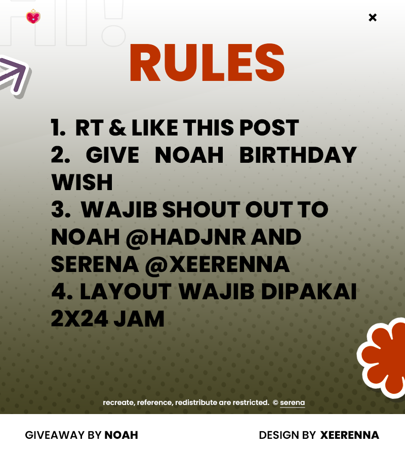 ؘ (@xeerenna) on Twitter photo HAPPY BIRTHDAY KAK <a href="/Hadjnr/">Noah, rest.</a> >___< hari ini aku akan hosting giveaway 1 layout by req single dari kak noah yang sedang berulang tahun hari ini! ayo ikutan dan jangan lupa baca rulesnya dulu yah teman teman! :3
#zonauang #zonaba HAPPY BIRTHDAY KAK <a href="/Hadjnr/">Noah, rest.</a> >___< hari ini aku akan hosting giveaway 1 layout by req single dari kak noah yang sedang berulang tahun hari ini! ayo ikutan dan jangan lupa baca rulesnya dulu yah teman teman! :3
#zonauang #zonaba
