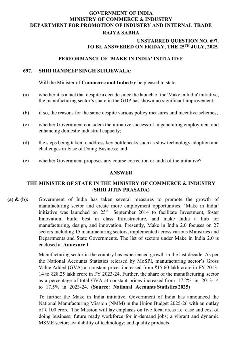 rssurjewala's tweet image. Even after 10 years, the Modi government's 'Make in India' has remained just a “hollow slogan”.
My Question in Parliament exposed the reality 👇
👉'Lakhs of crores in packages',
👉'Make in India for the World' like enticing slogans,
👉'Hundreds of crores’ of Public Money…