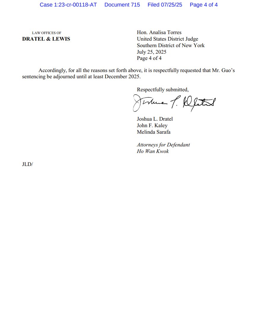 #郭文贵刑事案 郭文贵申请量刑宣判延期3个月
7月25日郭文贵律师致函Torres法官
🔸郭老赖旧调重弹，反共灭共，申请政府检方和情报部门和知情人再取证调查🤨🤨🤨
🔸郭骗律师已与负责此事的美国助理检察官进行了磋商，政府表示反对被告提出的三个月判决延期的请求，并将以书面形式答复被告的动议。