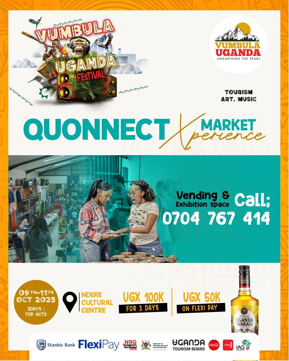 Vumbula_Uganda's tweet image. 📣 CALLING ALL VENDORS & EXHIBITORS!
Got a locally made Ugandan product or service? This is your chance to showcase and sell to a vibrant, passionate community!
Be part of the @Quonnectmarket Xperience at the festival and connect with thousands of potential customers.