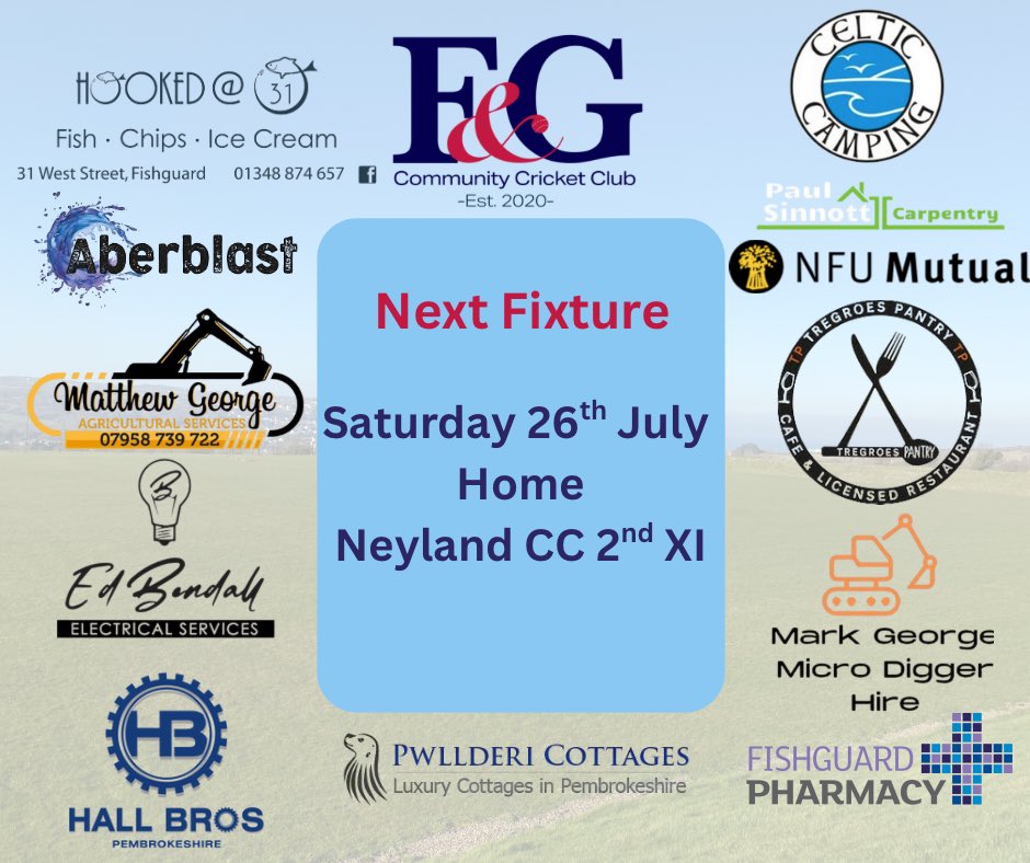 Fishguard & Goodwick CCC (@fandgccc) on Twitter photo Today we welcome <a href="/NeylandCC/">Clwb Criced Neyland Cricket Club</a> 2nd XI to Tregroes Park.
โฐ 1.30pm start time
Come alone and support the Twin Towns!
#WaitOn ๐ Today we welcome <a href="/NeylandCC/">Clwb Criced Neyland Cricket Club</a> 2nd XI to Tregroes Park.
โฐ 1.30pm start time
Come alone and support the Twin Towns!
#WaitOn ๐