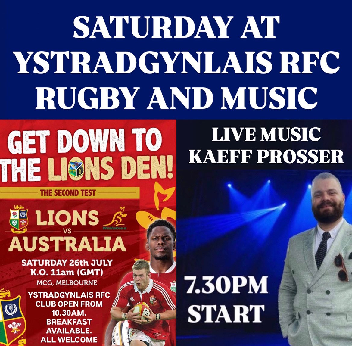 Today at the club

10.30am breakfast 
11am Australia v Lions
7.30pm live music from Kaeff Prosser

Have a great weekend 💙
