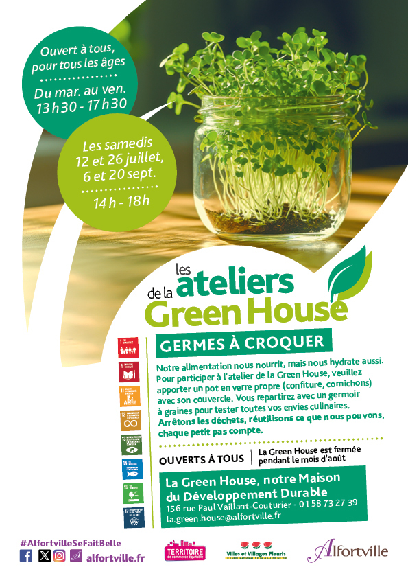 🌱 Germes à croquer : un atelier écolo à déguster ! 
À la Green House, même les graines ont droit à une seconde vie ! Apprenez à faire germer vos propres aliments dans un bocal en verre… et repartez avec un pot rempli de vitalité 🌿
📅 Atelier ce samedi 26 juillet, 6 et 20