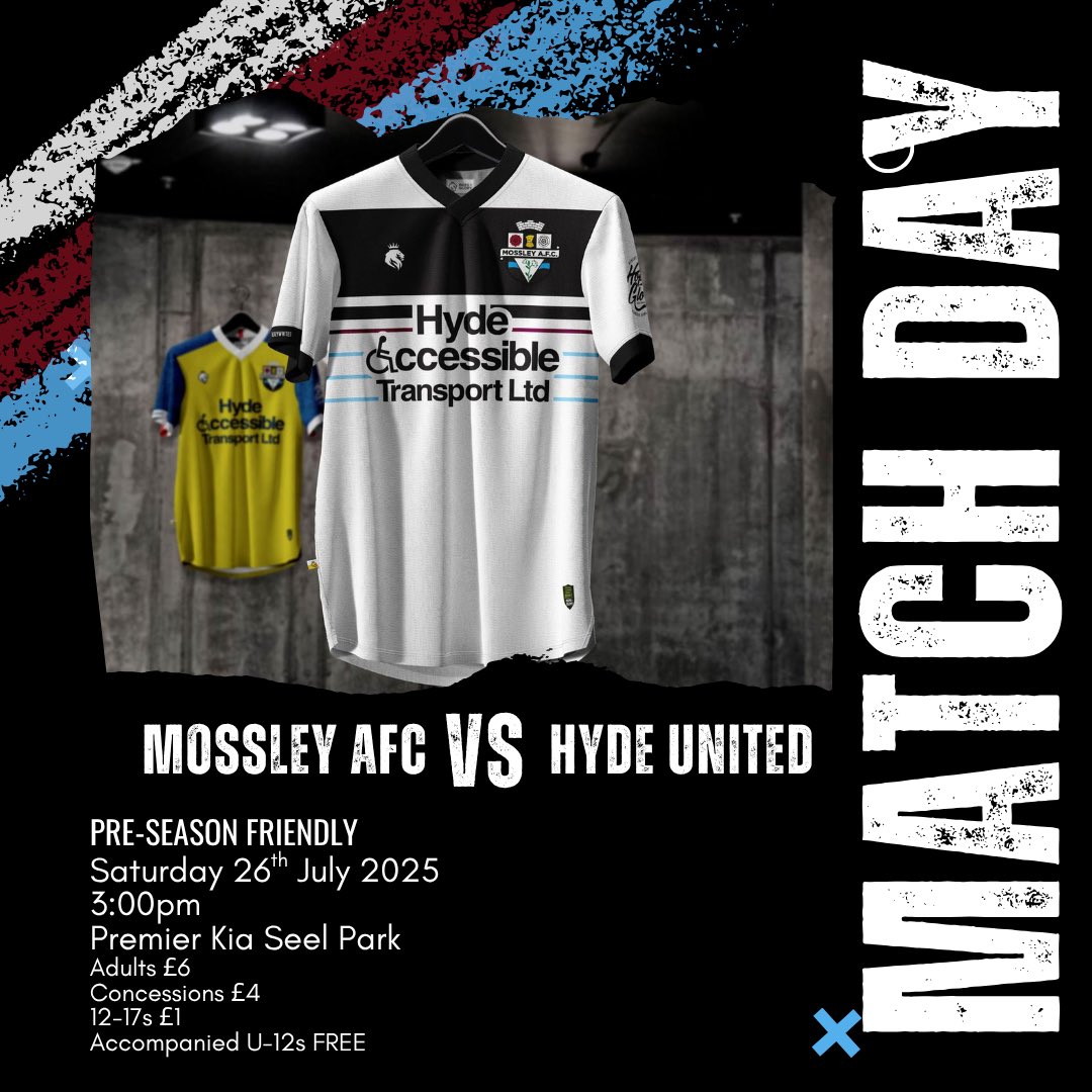 MossleyAFC's tweet image. 𝙈𝙖𝙩𝙘𝙝 𝙙𝙖𝙮: 𝙃𝙮𝙙𝙚 𝙐𝙣𝙞𝙩𝙚𝙙 (𝙝)
Were at Premier Kia Seel Park today as we host our friends @hydeunited in our final pre-season friendly.
Come along and spend the afternoon with us today!
⚪️⚫️