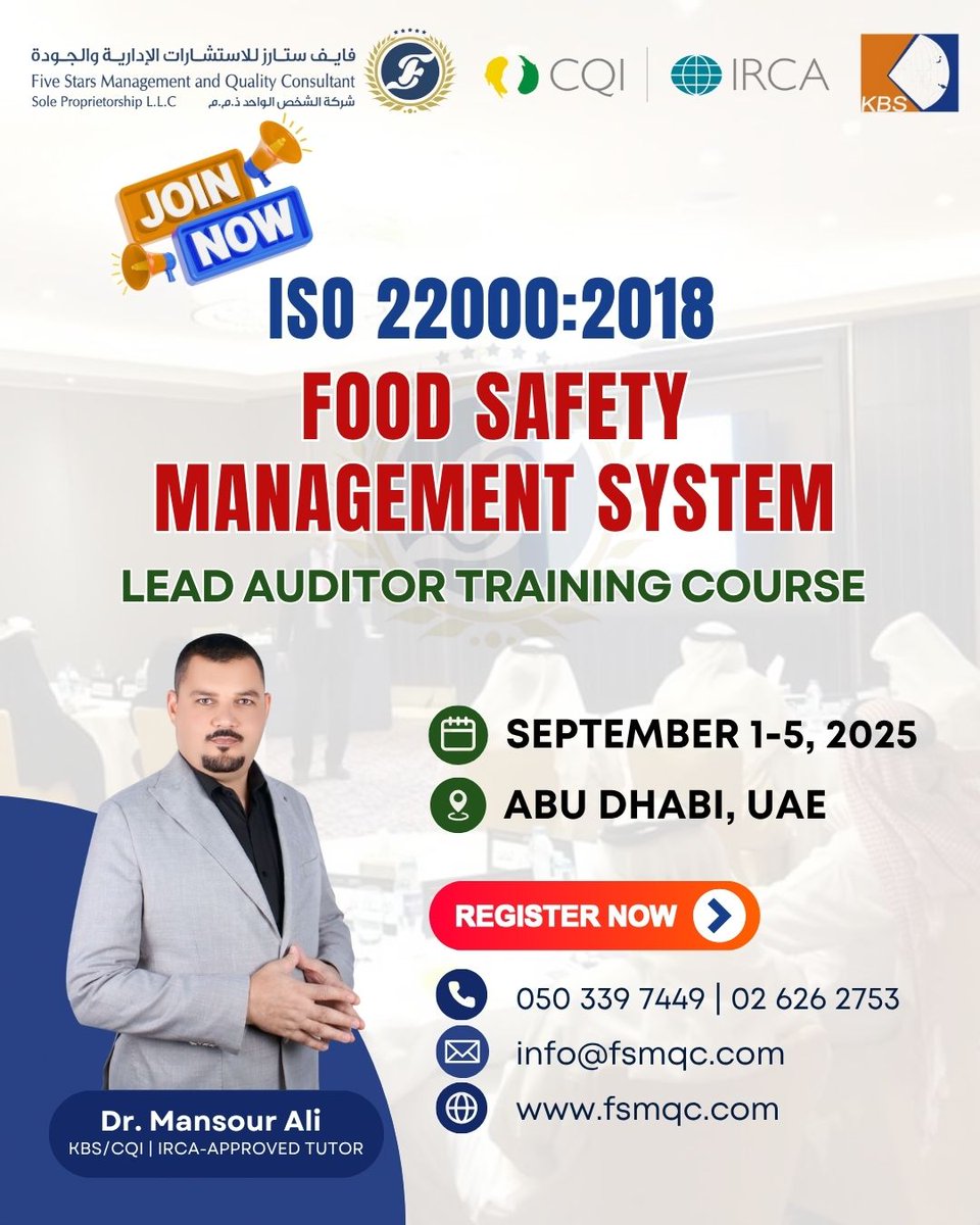 fsmqc's tweet photo. Enhance your career and gain valuable insights into effective food safety management! 

Training Date: September 1-5, 2025

Limited Slots Available! Join Now!

 Contact us today to reserve your spot:

050 339 7449 | 02 626 2753
 Email: info@fsmqc.com https://t.co/PX9FQ953LZ