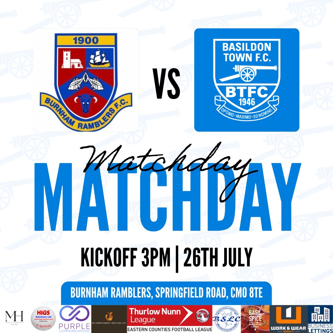 BasTownFC's tweet image. BASILDON TOWN 1ST TEAM GAME

📆 Saturday 26th July 

⏰15:00 o&apos;clock kick off 

📍AWAY; Burnham Ramblers, Leslie Field, Springfield Road, Burnham on Crouch, CM0 8TE, United Kingdom