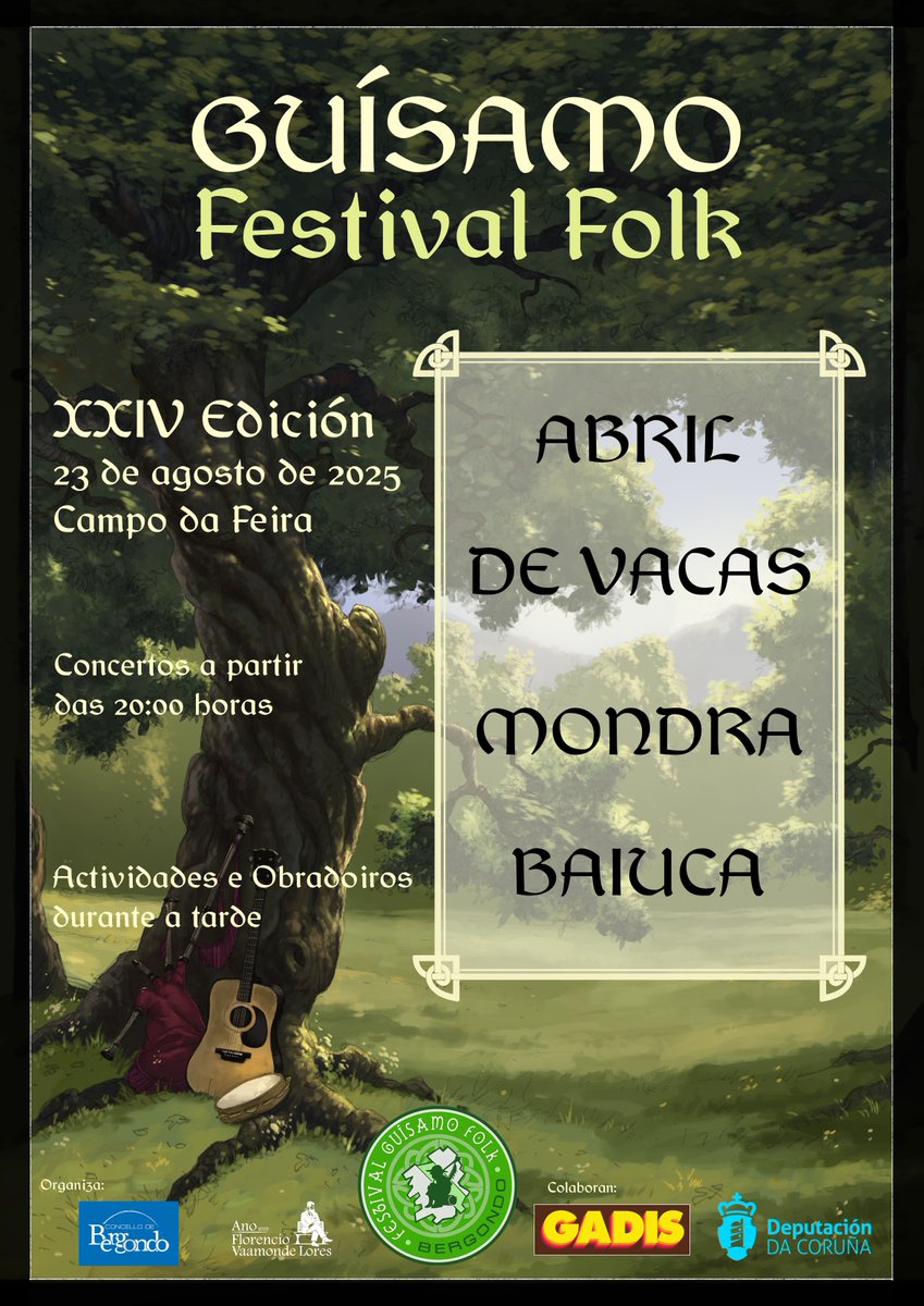 A XXIV edición do festival Guísamo Folk xa está aquí!

👉 Baiuca, Mondra, De Vacas e Abril actuarán o sábado 23 de agosto no Campo da Feira de Guísamo.

Os concertos comezarán a partir das 20 horas ⏰
