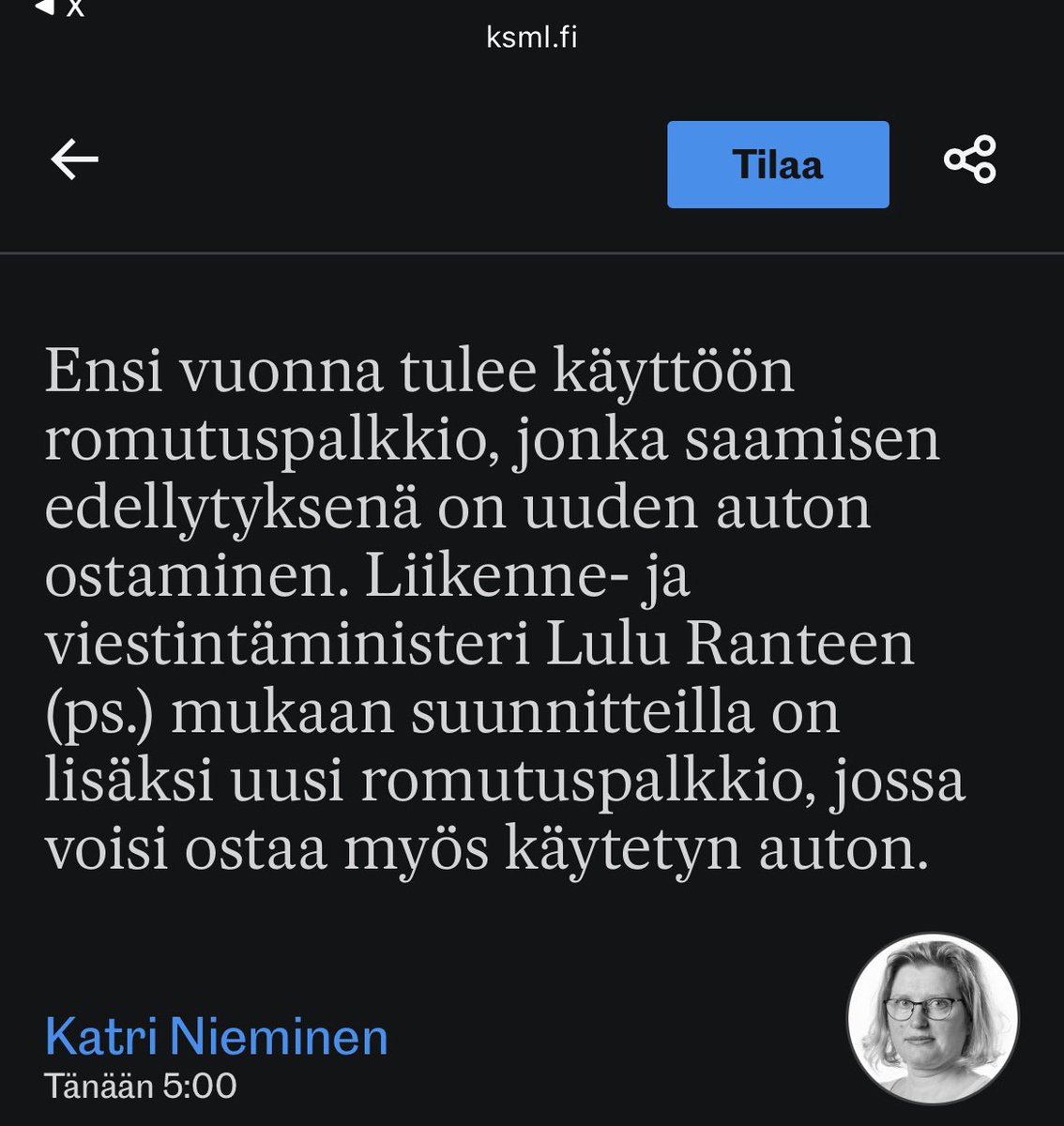 SaarniTuomo's tweet image. Romutuspalkkio on hyvä esimerkki kuinka poliitikot eivät ymmärrä köyhyydestä tai vähävaraisuudesta mitään. En tiedä ymmärränkö minäkään, mutta uskon ymmärtäväni enemmän.
Romutuspalkkion saa jos romuttaa vanhan ja ostaa uuden. Uudesta autosta saa Suomessa pulittaa vähintään sen…