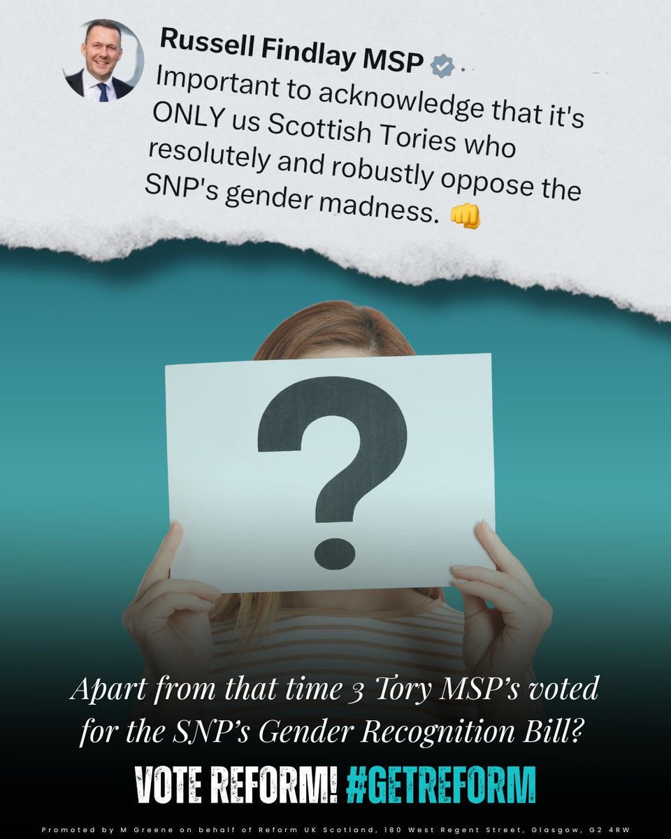 ReformUKScot's tweet image. More inconsistencies & flip-flopping from @ScotTories - “resolutely & robustly oppose”? Not completely true now is it Russell? ❌
Reform is the ONLY party that has opposed gender madness from the start ✅
Seems Tory MSP’s are divided on lots of things….