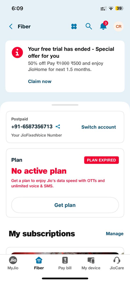 chandan2309's tweet photo. @JioCare For JioFixedVoice Number 6587356713 even after more than 12 hrs of recharge, it shows as no active plan. Kindly resolve this as early as possible as there is no internet. https://t.co/vGqVwDK31j