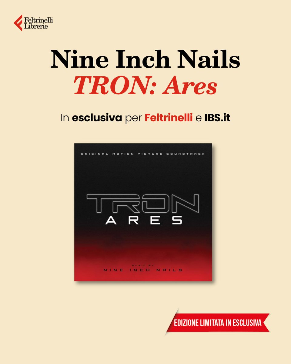 Feltrinelli Librerie (@feltrinelli_) on Twitter photo Dal 19/09 i Nine Inch Nails tornano con oltre 70 minuti di nuova musica per il film TRON: Ares 😍
Pre-ordinate i 2 LP Rossi Trasparenti dell’abum “TRON: Ares” (<a href="/UMusicItalia/">Universal Music Italia</a>) in esclusiva per Feltrinelli e IBS.it 👉🏼 bit.ly/Feltrinelli_Tr… Dal 19/09 i Nine Inch Nails tornano con oltre 70 minuti di nuova musica per il film TRON: Ares 😍
Pre-ordinate i 2 LP Rossi Trasparenti dell’abum “TRON: Ares” (<a href="/UMusicItalia/">Universal Music Italia</a>) in esclusiva per Feltrinelli e IBS.it 👉🏼 bit.ly/Feltrinelli_Tr…