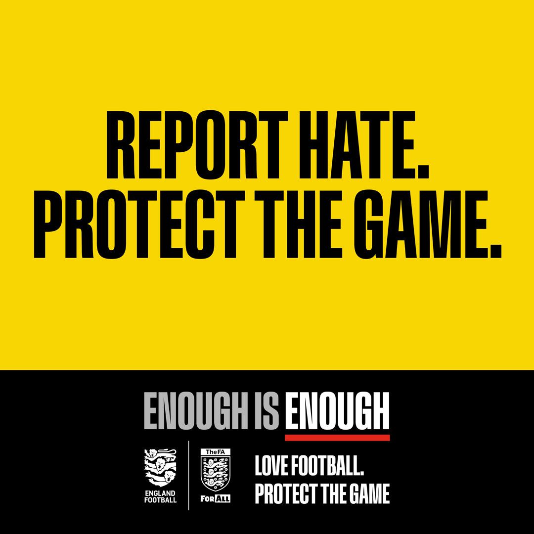 Let's make the game better for everyone. Report hate to us, The FA, Kick It Out or a Match Official. We’ll remove hate by banning players, deducting points, even closing grounds. When you report it, we sort it, together we protect the game 👇

bit.ly/3CBhGhv