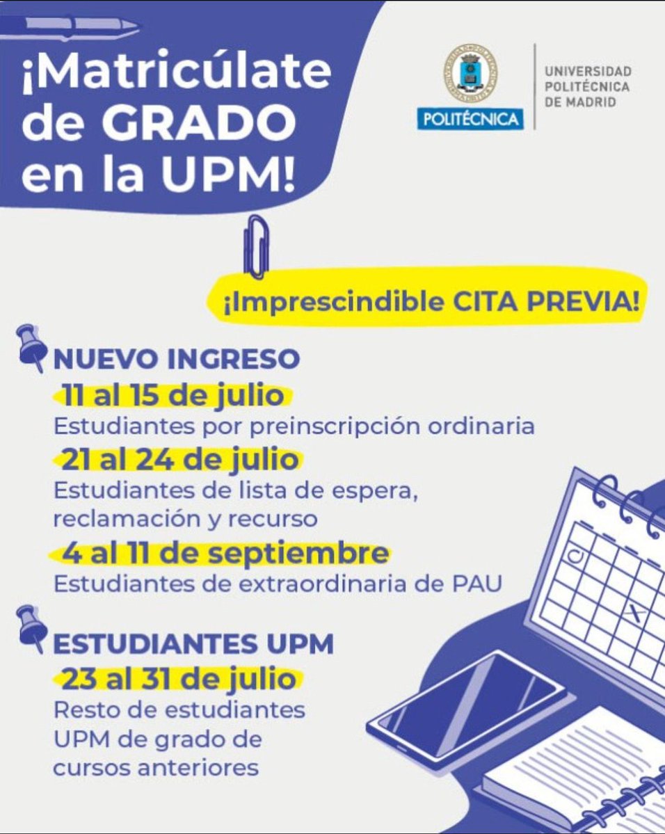 ETSIDI_UPM's tweet image. Si eres estudiante #UPM ya puedes hacer tu matrícula de grado!
En dos pasos! 👇
1️⃣ Pide cita previa
2️⃣ Haz tu automatrícula
🕢 hasta el 31 de julio
#somosUPM #nosoloingenieria #estudiantesUPM #matrículaUPM
