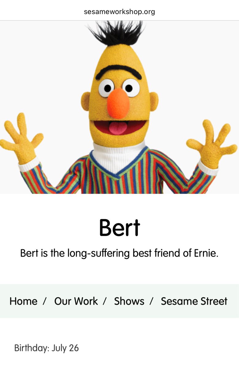 fictionalbday's tweet image. Today is the birthday of Bert from Sesame Street –– b. July 26