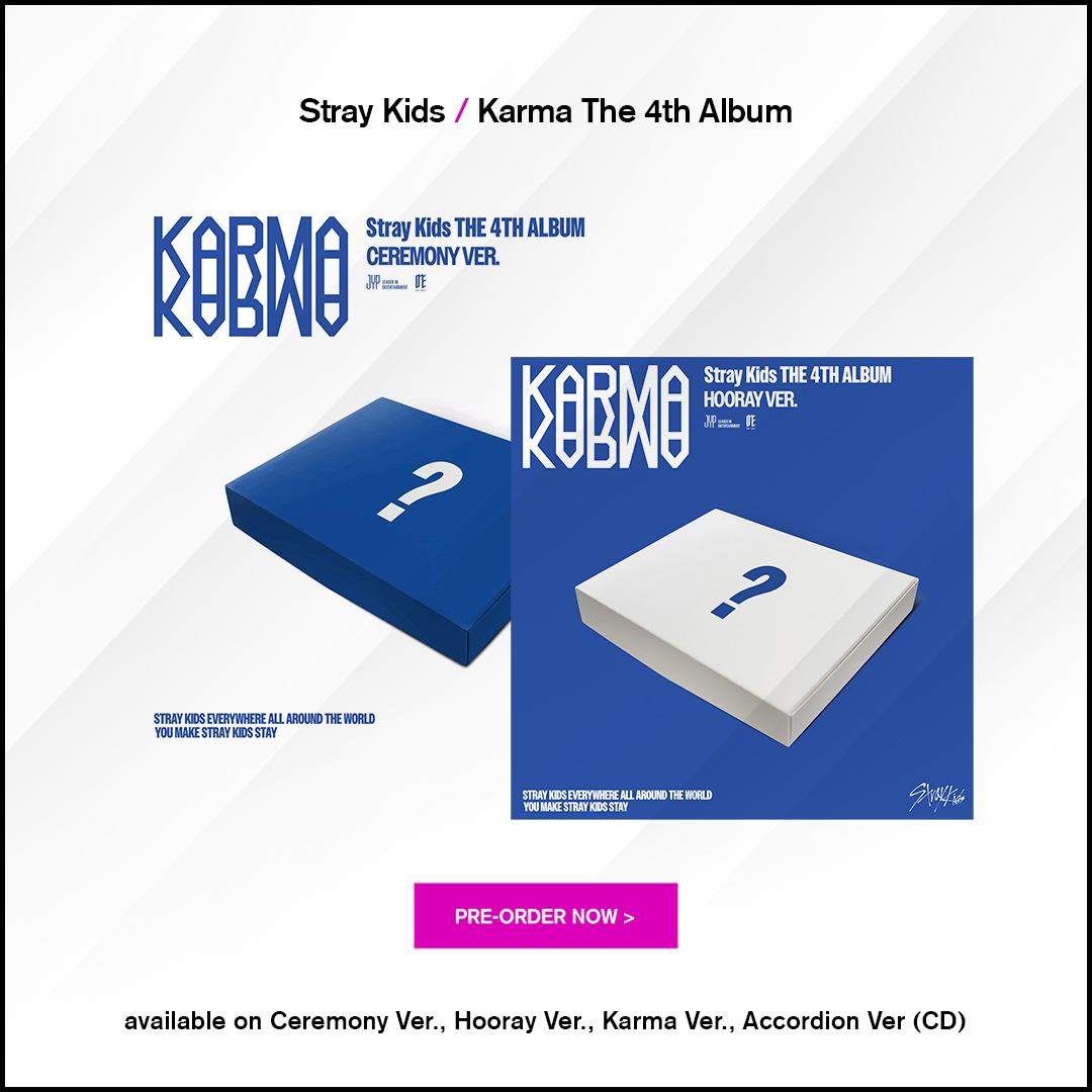 Stray Kids are back with their new album KARMA! 🔥 Available in 4 versions: CEREMONY, HOORAY, KARMA (Limited), and ACCORDION (Member ver.). Each packed with exclusive goodies. Grab yours now and join the comeback! 👉 ow.ly/48tg50WvnNi