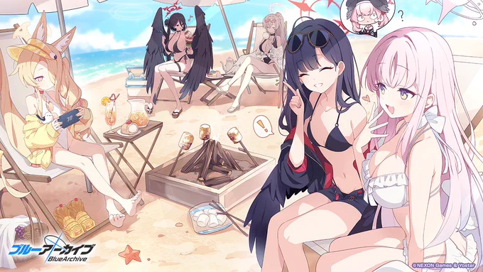 【お祝いイラスト】 ミシュネ ()先生から、「夏空のやくそく」のお祝いイラストを頂きました。 ありがとうございます! ビーチでまったりバカンスを楽しんでいる皆さんを描いた1枚です! #ブルアカ