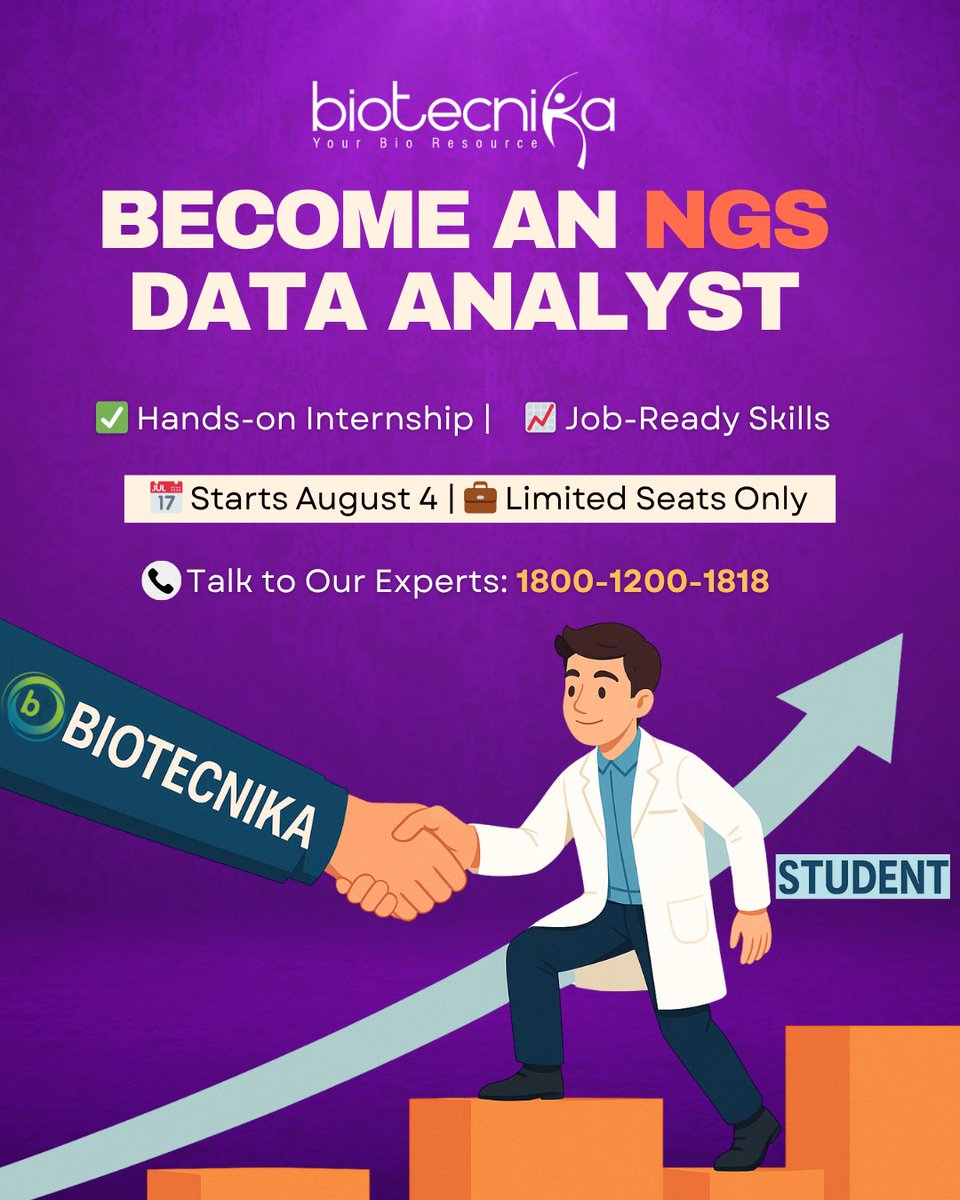 biotecnika's tweet image. 🫱 Let Biotecnika help you BECOME an NGS Data Analyst
😍 Hands-on Internship | Job-Ready Skills | Starts 04th Aug
🤙 Talk to our experts and book your seat➤ btnk.org/Contact-NGS-Ex…
📌 Register Now ➤ btnk.org/NGS-Project-Tr…
#NGSInternship #BioinformaticsTraining