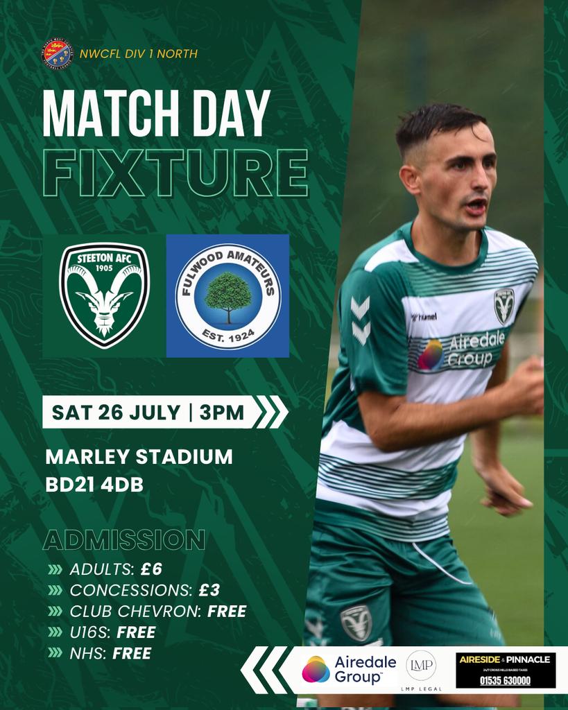 Steeton AFC (@steetonfc) on Twitter photo β½ IT'S MATCHDAY!
ποΈ <a href="/FulwoodAms1924/">Fulwood Amateur AFC</a>
π 26/7/2025
π <a href="/nwcfl/">The NWCFL β½οΈ</a> First Division North
π Marley Stadium
π© BD21 4DB
β°οΈ 3pm
π· Β£6 Adults; Β£3 Concessions; FREE for Under-16's, NHS, and Club Chevron members
#chevrons β½ IT'S MATCHDAY!
ποΈ <a href="/FulwoodAms1924/">Fulwood Amateur AFC</a>
π 26/7/2025
π <a href="/nwcfl/">The NWCFL β½οΈ</a> First Division North
π Marley Stadium
π© BD21 4DB
β°οΈ 3pm
π· Β£6 Adults; Β£3 Concessions; FREE for Under-16's, NHS, and Club Chevron members
#chevrons