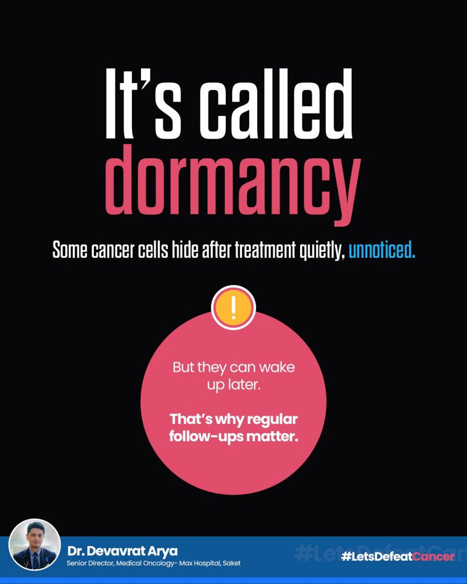 Some cancer cells don’t die.

This is called cancer dormancy, when hidden cells survive treatment and may return years later.
Follow-ups are not optional. They catch reactivation early. Silence isn’t always safety.

#CancerDormancy #FollowUpMatters #LetsDefeatCancer