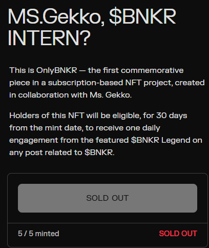 0x_SlumPark's tweet image. Here’s the current status of Only $BNKR:
We’ve launched two projects so far — and both sold out.
My worry about setting a 24-hour limit turned out to be unnecessary.
I’m already sketching out the bigger picture of how subscription NFTs can bring change to the crypto space,…