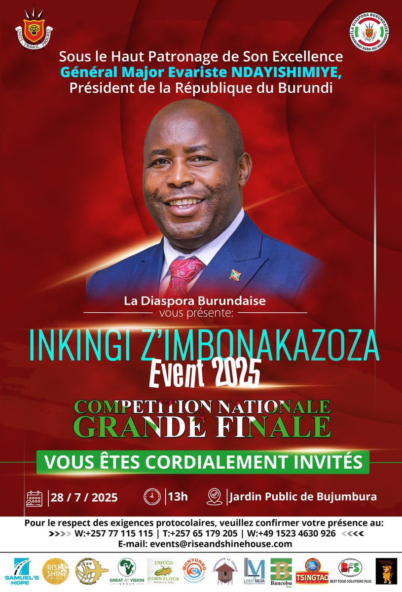 Kwa Ntare Rushatsi (@kwantare) on Twitter photo Nyenicubahiro <a href="/GeneralNeva/">SE Evariste Ndayishimiye</a> azotera iteka igice ca nyuma c'ihiganwa “Inkingi z’Imbonakazoza", ritegekanijwe kw' igenekerezo rya 28/7/2025 mu kibanza citiriwe Jardin Public #Bujumbura. Vyatunganijwe n' Abarundi baba hanze, mu ntumbero yo gutsimbataza imbonakazoza 2040-2060 Nyenicubahiro <a href="/GeneralNeva/">SE Evariste Ndayishimiye</a> azotera iteka igice ca nyuma c'ihiganwa “Inkingi z’Imbonakazoza", ritegekanijwe kw' igenekerezo rya 28/7/2025 mu kibanza citiriwe Jardin Public #Bujumbura. Vyatunganijwe n' Abarundi baba hanze, mu ntumbero yo gutsimbataza imbonakazoza 2040-2060