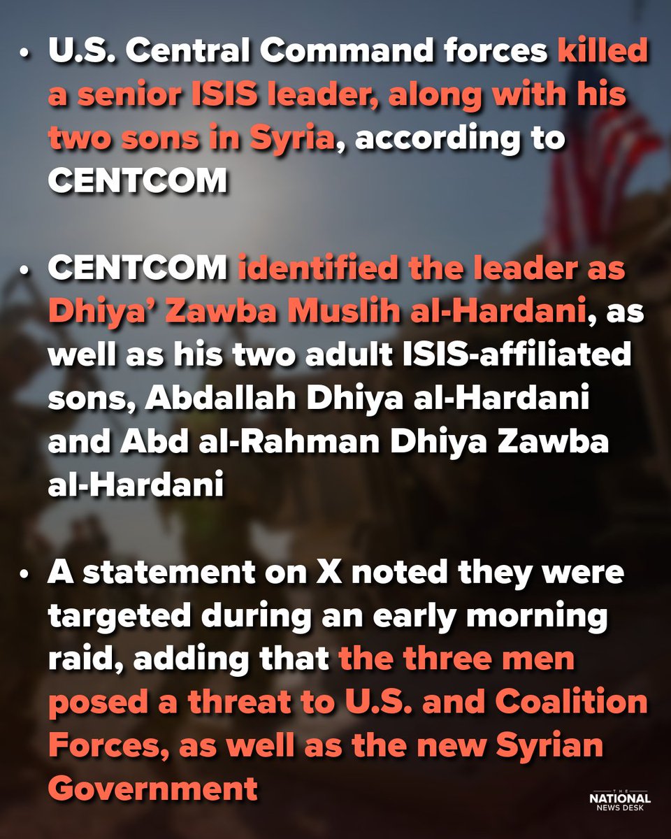 TND's tweet image. U.S. Central Command forces killed a senior ISIS leader, along with his two sons in Syria, according to CENTCOM.
A statement on X noted they were targeted during an early morning raid, adding that the three men posed a threat to U.S. and Coalition Forces, as well as the new…